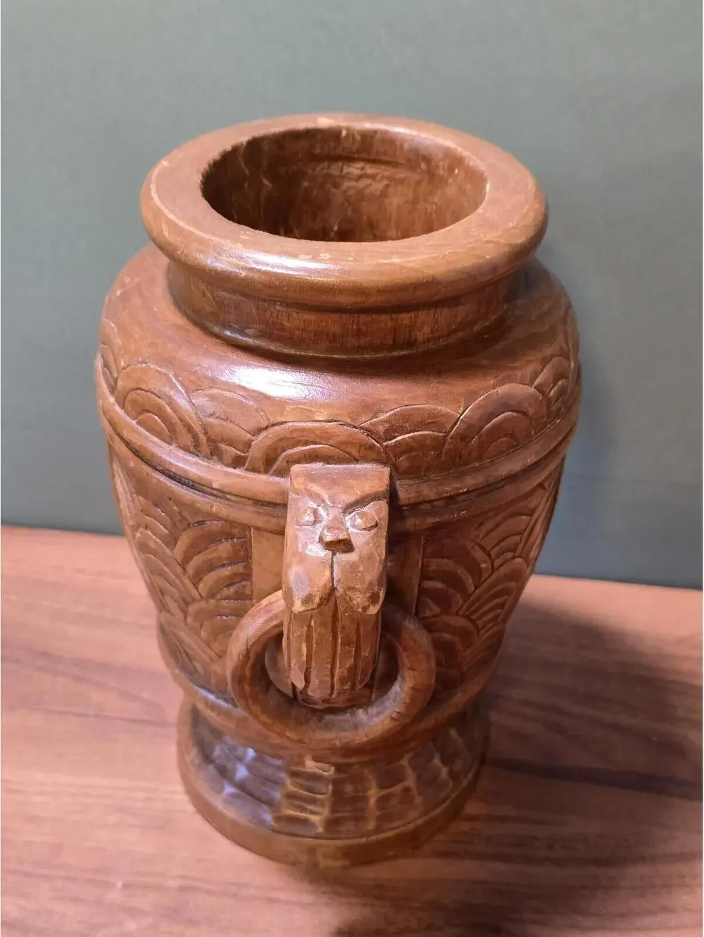 Vintage Hand Carved Wood Amphora Vase with Rings
